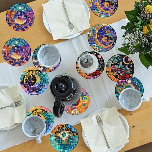 8 Pieces Diamond Art Coaster Kit with Holder DIY Sun and Moon Diamond Art Coaster Gifts 5d Diamond Dot Coaster for Beginners Adults Kids Art Table...