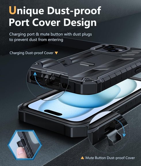 FNTCASE for iPhone 15 Phone Case: Military Grade Shockproof Full Protection Hard Phonecase with Kickstand - Dual Layer Matte Textured Drop Proof R...