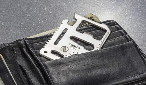SE 11-Function Stainless Steel Survival Pocket Tool - Compact, Credit Card-Sized Multi-Tool with Leatherette Case - Ideal for Camping, Hiking, and...