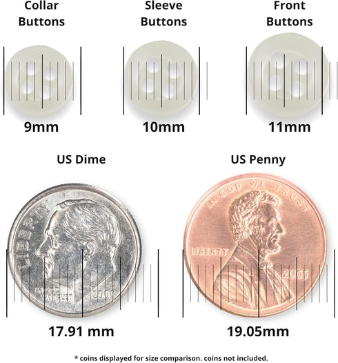 ButtonMode Standard Shirt Buttons 22pc Set Includes 8 Front (11mm or 7/16 in), 7 Sleeve (10mm or 3/8 in) & 7 Collar (9mm or Almost 3/8 in), Off Wh...