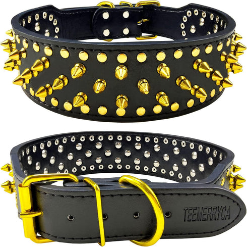 teemerryca Sturdy Wide Black PU Leather Gold Spiked Dog Collars with a Squeak Ball for Medium Large Breed Boy Pet, Pit bulls/Bulldog/Boxer/Doberma...