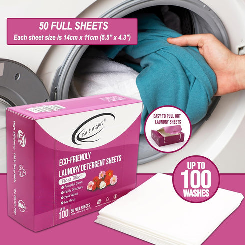 Air Jungles Laundry Detergent Sheets up to 100 Loads, Flora Bliss Scent, Easy to Use, Zero Waste Solution, Lightweight, Powerful Cleaning, Ideal f...