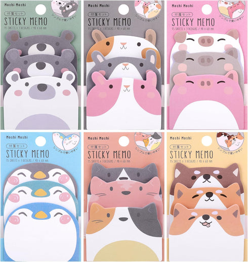 Cute Sticky Notes, 6 Pack 270 Sheets Kawaii Cartoon Animal Sticky Notes, Mini Cartoon Notes Animals Shape Markers Flags Self-Stick Memo Pads for S...