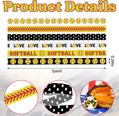 6 Rolls 18 Yards Softball Ribbons, 3/8" Black White Dot Grosgrain Ribbons Sport Yellow Red Ball Ribbons Wrapping Craft Ribbons for Sport Team Deco...
