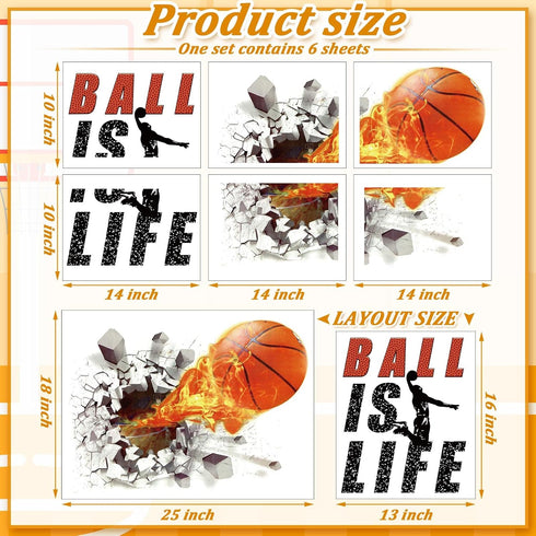 Basketball Wall Decor 18 x 38 Inch 3D Self Adhesive Removable Basketball Wall Decal Stickers for Boys Bedroom Ball is Life Vinyl Dunk Silhouette S...