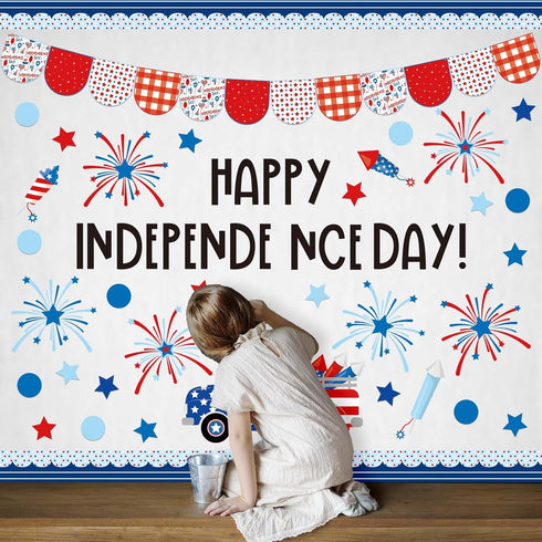 JarThenaAMCS 74Pcs Happy Independence Day Bulletin Board Kit Patriotic Red Blue Star Truck Fireworks Paper Cutouts with 100Pcs Glue Points 4th of ...