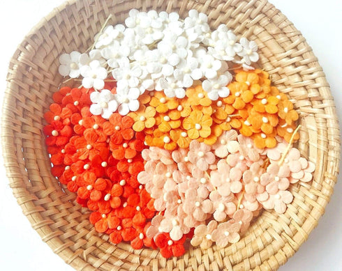 PLflower Set of 50 Tiny Flower Mixed Tone Orange Embellishment with Thread stem Mulberry Paper Flower Size 0.30" Very Small Orange1 Craft Handmade...
