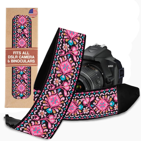 Art Tribute Pink Woven Camera Strap For All DSLR and SLR Camera, Embroidered Elegant Universal Neck & Shoulder Strap, BOHO Pattern. Best Gift for ...
