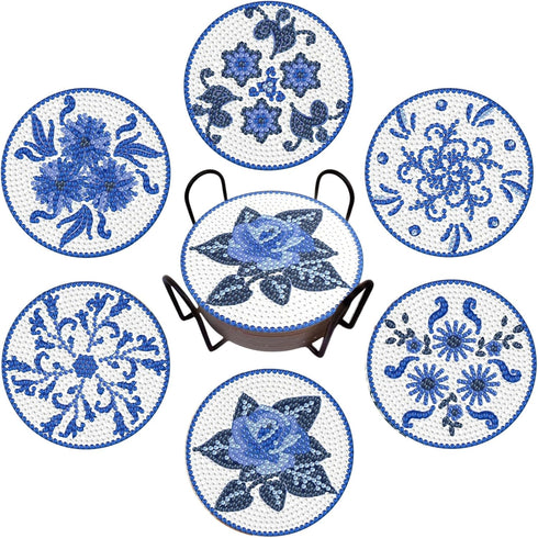 6Pcs 5D Diamond Painting Coasters with Holder, DIY Blue Coasters for Drinks Coffee Table, Diamond Arts Painting Kits for Beginners, Adults & Kids,...