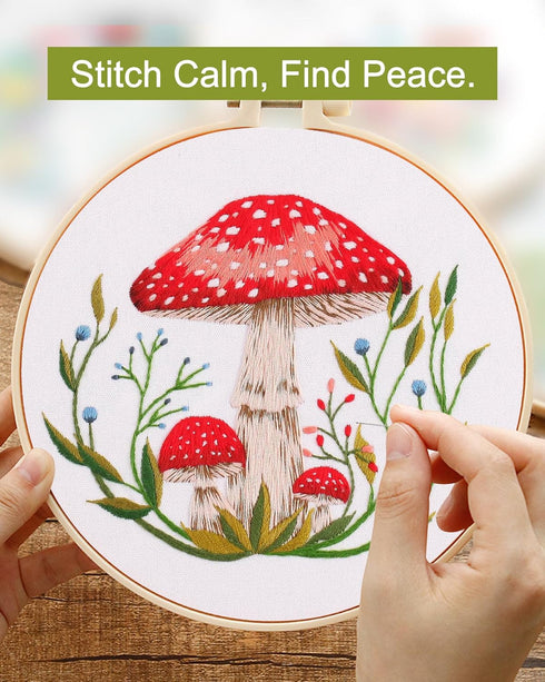 Santune 3 Sets Embroidery Kit for Beginners,Cross Stitch Needlepoint Kits for Adults Starter Easy Stamped Mushroom Pattern Fabric Hand Crafts,Hoop...