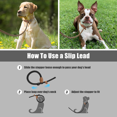 Mile High Life Slip Leads for Dogs | Heavy Duty Dog Training Leash | 4 Feet No Pull Slip Leashes w Leather Tip | Brown Rope Lead for Dogs Outside...