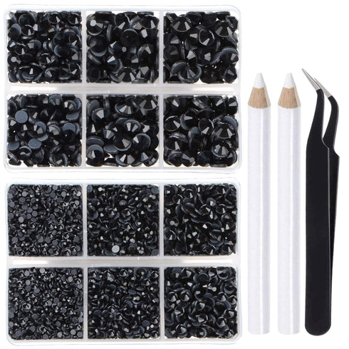 LPBeads 6400 Pieces Hotfix Rhinestones Black Flat Back 5 Mixed Sizes Crystal Round Glass Gems with Tweezers and Picking Rhinestones Pen...