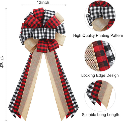 Christmas Tree Topper Large Buffalo Plaid Burlap Red and Black Gift Bow for Xmas Tree Handmade Holiday Party Decorations-13 x 29 Inch...