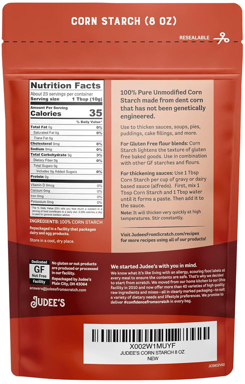 Judee’s Corn Starch 8 oz - 100% Non-GMO and Just One Ingredient - Gluten-Free and Nut-Free - Great Thickener for Sauces, Soups, and Gravies - Ligh...