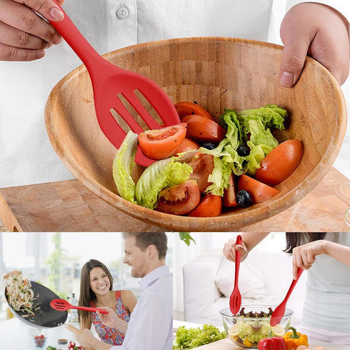 Silicone Cooking Spoons, Heat Resistant Large Silicone Pasta Slotted Spoon Solid Basting Spoon set for Nonstick Cookware, BPA Free Black Kitchen S...