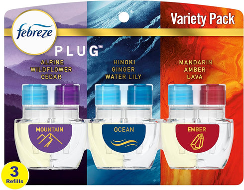 Febreze Odor-Fighting Fade Defy PLUG Air Freshener, Mountain, Ocean, Amber, (3) .87 fl. oz. Oil Refills...