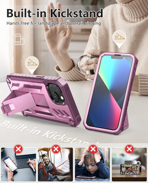 for iPhone 13/14 Protective Case: for iPhone 16e Cover with Built-in Kickstand | Heavy Duty Military Grade Hard Protection Shock Proof | Durable D...