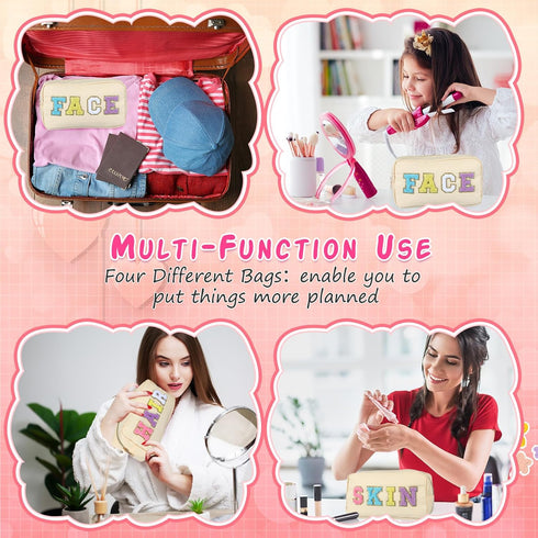 Hillban 4 Pack Chenille Letter Bag Makeup Bag Preppy Skincare Bag Nylon Cosmetic Pouch Zipper Waterproof Organizer Makeup Travel Bag Set for Teen ...
