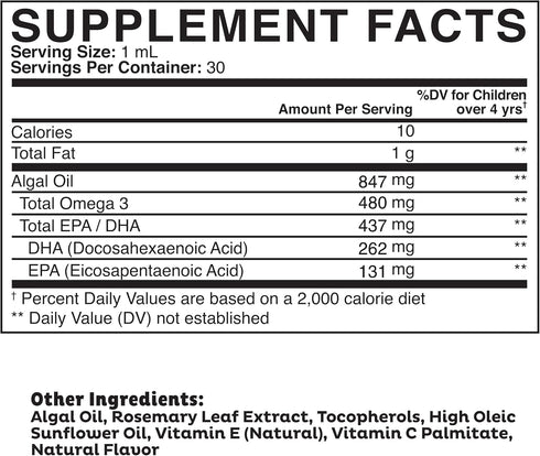 Clarity Kids Super Omega with DHA + EPA Omega 3 for Better Focus & Quality Sleep Algae Oil Omega 3 Liquid (1 mL per Serving) All Natural DHA Drops...