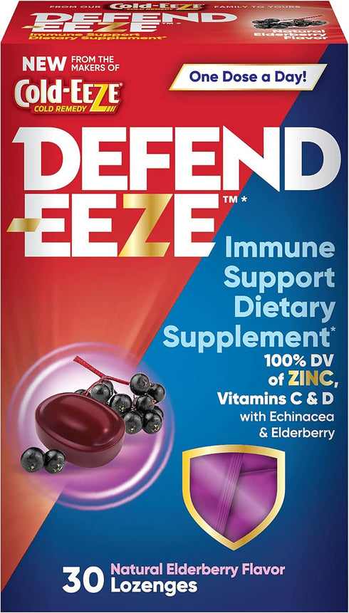 Defend-EEZE Immune Support Dietary Supplement Lozenges, 100% Daily Value of Zinc, Vitamins C & D per Dose, with Echinacea & Elderberry, Elderberry...