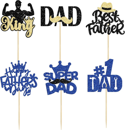 Gyufise 24Pcs Happy Father's Day Cupcake Toppers Glitter Moustache Tie King Super #1 Dad Best Dad Tool Construction Cupcake Picks for Happy Father...