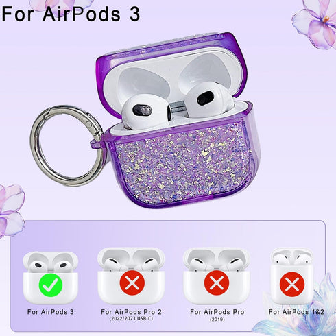 Purple Silver foil Glitter for AirPods 3 Case 3st Generation Cover Clear 2021, Cute Flower Pendant, Cleaning Pen Kit, Soft TPU Silicone Protective...