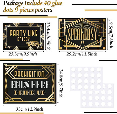 LINGXIU 9 Pieces Roaring 20s Party Decorations Black and Gold Retro Jazz Party Roaring Twenties Wall Signs Decorations Kit for 1920s Party Speakea...