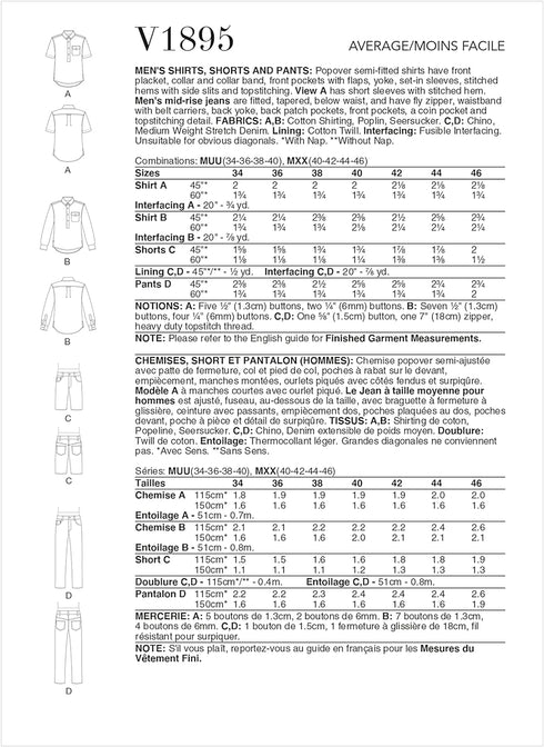 Vogue Men's Fitted Shirt, Shorts, and Mid-Rise Jeans Sewing Pattern Kit, Design Code V1895, Sizes 40-42-44-46...