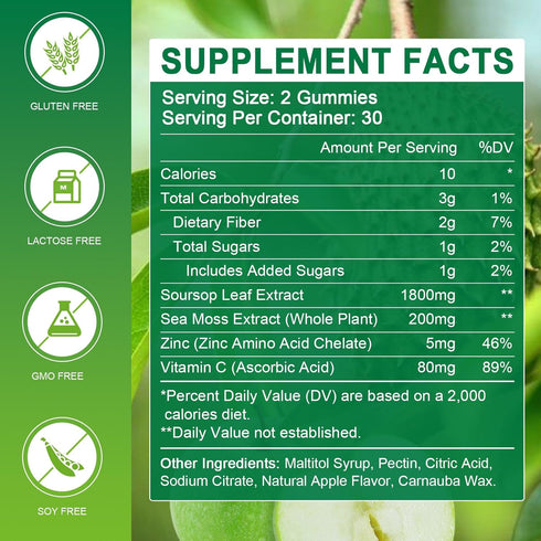 Soursop Graviola Gummies - 1800mg Soursop Leaves Extract Gummies with 200mg Sea Moss Extract for Antioxidant, Cell Support & Regeneration, Immune ...