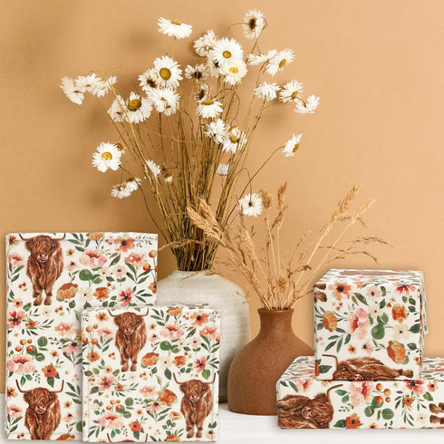 AnyDesign Boho Floral Highland Cow Tissue Paper 100 Sheet Watercolor Flower Art Tissue Farmhouse Cute Cow Wrapping Paper for DIY Crafts Gift Packi...