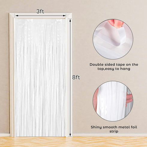 BTSD-home 4 Pack 3x 8ft White Foil Fringe Curtain Backdrop Party Streamers Decorations Metallic Photo Booth Tinsel Theme Bachelorette Graduation W...