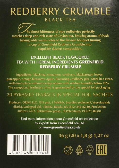 Greenfield Redberry Crumble Pyramid Collection 20 Pyramids In Special Foil Sachets Black Tea Finely Selected Speciality Tea...
