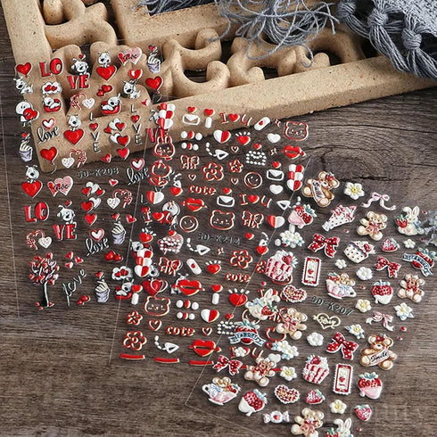 Valentine's Day Nail Art Stickers 5D Embossed Red Heart Nail Decals Red Love Mail Cute Cartoon Dog Bear Valentine Nail Designs Sticker Relief Nail...