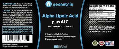 Alpha Lipoic Acid Plus Acetyl L-Carnitine Antioxidant Supplement ALA ALC for Healthy Brain Function & Muscle Strength, Focus, Memory & Cognitive F...