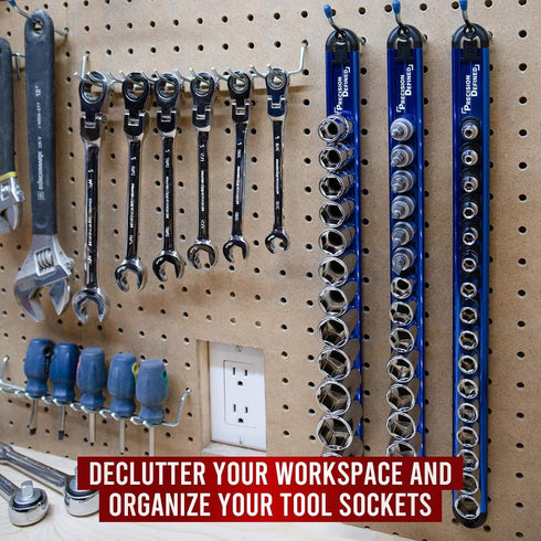 Precision Defined Aluminum Tool Socket Holder | Blue, Single 3/8-Inch Socket Organizer x 16 Clips | Heavy Duty Socket Rails Organizer, Socket Stor...