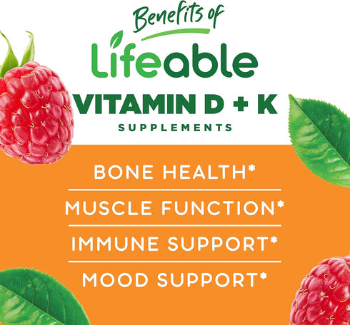 Lifeable Vitamin D3 + K2 - Great Tasting Natural Flavor Gummy Supplement Vitamins - Gluten Free Vegetarian and Non-GMO Chewable - for Strong and H...