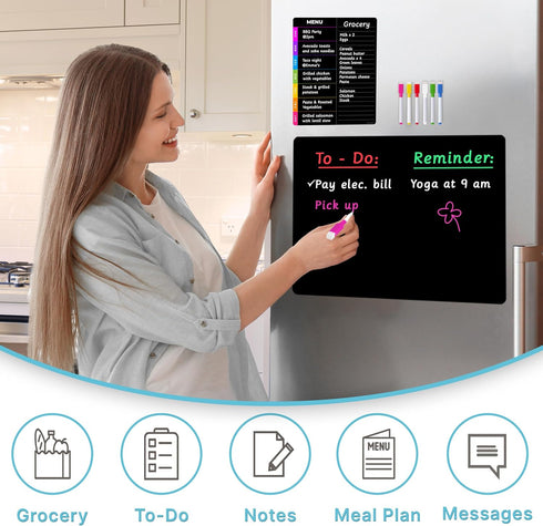 Magnetic Dry Erase Blackboard Set: Black Board for Home, Office & Classroom (11.5x15"), Menu Board for Kitchen Fridge/Family Meal Planner (7x9”), ...