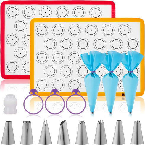 HOTPOP Piping Bags and Tips Set for Macarons - 17-Piece Baking Supplies Kit - Reusable Silicone Pastry Bags - 2 Half-Size Baker Mats - Ideal for H...