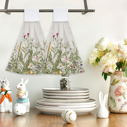 Flower Herbs Hand Towels Wild Plant Hanging Kitchen Dish Towels with Loop 2 PCS, Soft Super Absorbent Washcloth Fingertip Towel for Home Decor 12x...