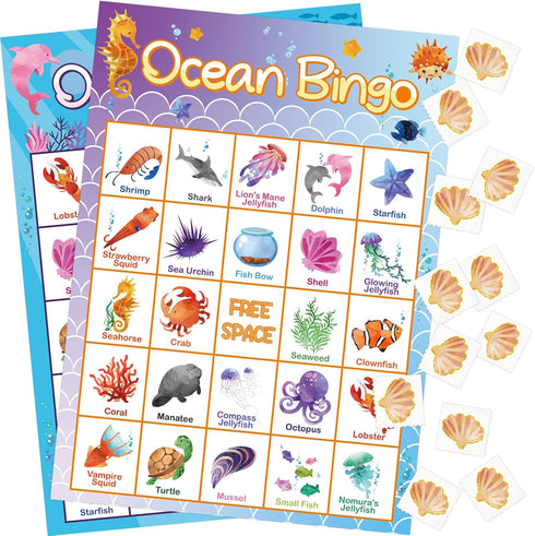 Ocean Bingo Game 24 Players for Kids Under Sea Party Game Supplies...