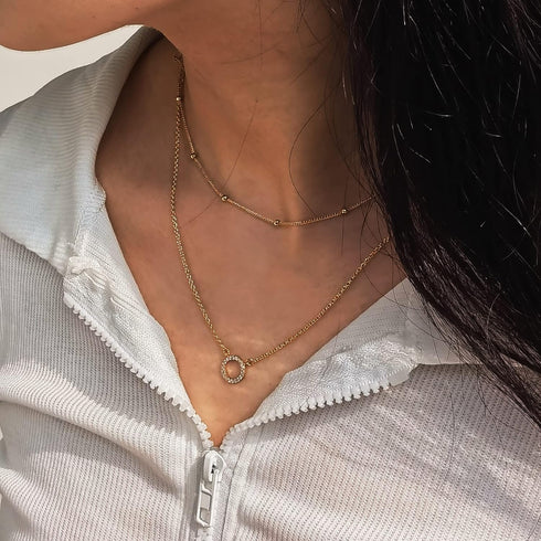 Cowlyn Dainty Layered Necklace Sparkle CZ Circle Pendant Handmade 14k Gold Plated Chain Multilayer Satellite Bead Choker Simple Cute Jewelry Etern...