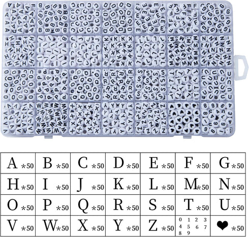 1400pcs Letter Beads Kit, 4x7 mm Acrylic Round Alphabet Beads Number Beads Heart Beads for Jewelry and Bracelet Making, in 28 Grid Box (White and ...