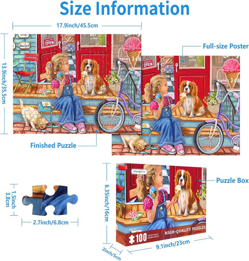 100 Piece Puzzles for Kids Pay Day Cones Puzzles 100 Piece Puzzles for Adults, Girl Sharing Icecream with Dog Cat Puzzle 100 Piece Seniors Puzzle ...