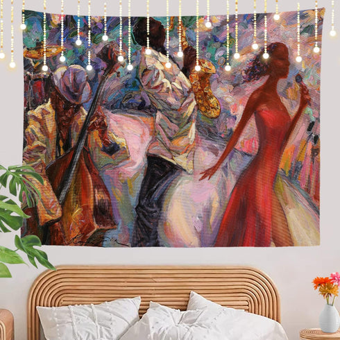 Shrahala Jazz Band Tapestry, Jazz Singer Club Band Oil Painting Wall Hanging Large Tapestry Psychedelic Tapestry Decorations Bedroom Living Room D...