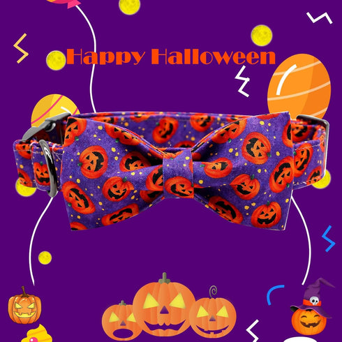 Dog Collar - Halloween Pumpkin Bowtie Dog Collar Gift Soft Bow Collar Pet Adjustable Metal Buckle Dog Collar for Large Dogs...
