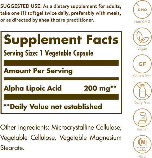 Solgar Alpha Lipoic Acid 200 mg, 50 Vegetable Capsules - Antioxidant Support - Helps to Recycle Glutathione, Vitamin C & E, CoQ-10 - Non-GMO, Vega...