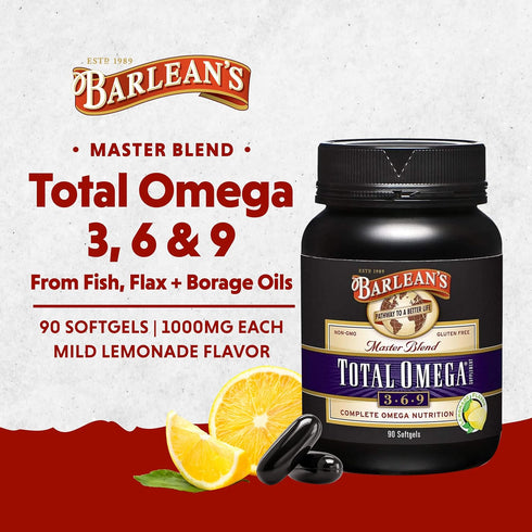 Barlean's Total Omega 3 6 9 Fish Oil Supplement Softgels Blended with Borage and Flaxseed Oil, 1,000 mg Omegas ALA, EPA, DHA and GLA for Joint Sup...