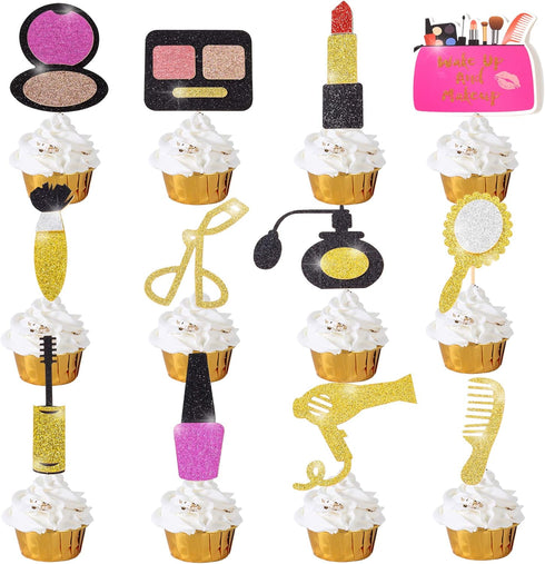 Spa Makeup Cupcake Toppers Decoration Supplies for Female Bridal Shower Bachelorette Salon Spa Cosmetics Themed Girls 18th Birthday Party 24Pcs Go...
