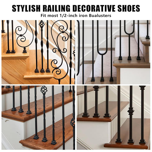 Iron Balusters Flat Shoes - Aluminum Alloy Staircases Shoes for 5/8 Inch Square Interior Balusters,Wrought Iron Spindle Shoes with Screws,Satin Bl...