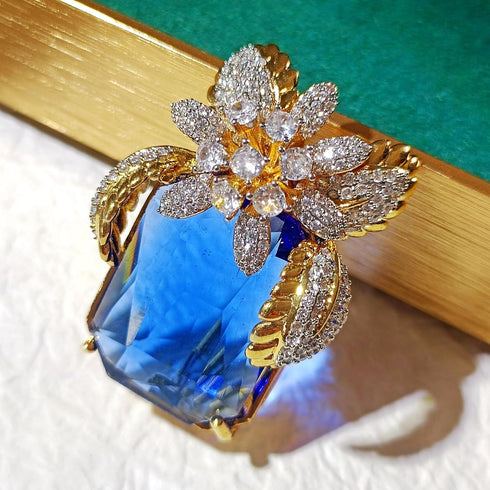 Gorgeous Floral Cobalt Blue Large Faceted Stone Brooch Gold Tone...